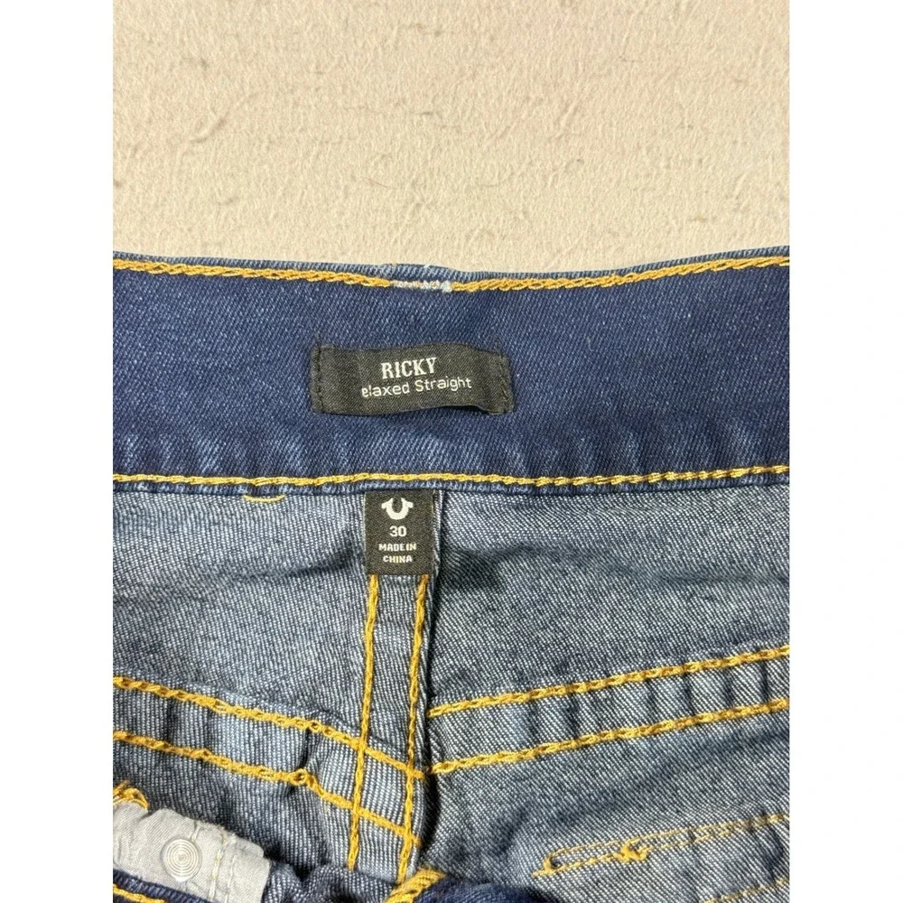 True Religion Ricky Relaxed Straight Jeans Dark Wash Gold Stitch Mens 30x32.5